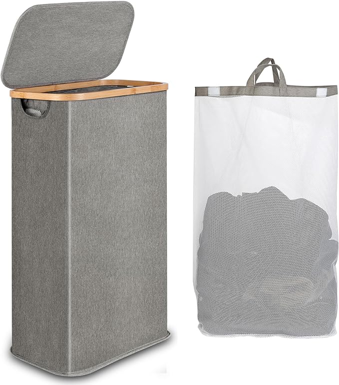 🧺 Bebotd Collapsible Laundry Hamper with Lid – 60L Slim & Space-Saving Basket with Removable Washable Bag