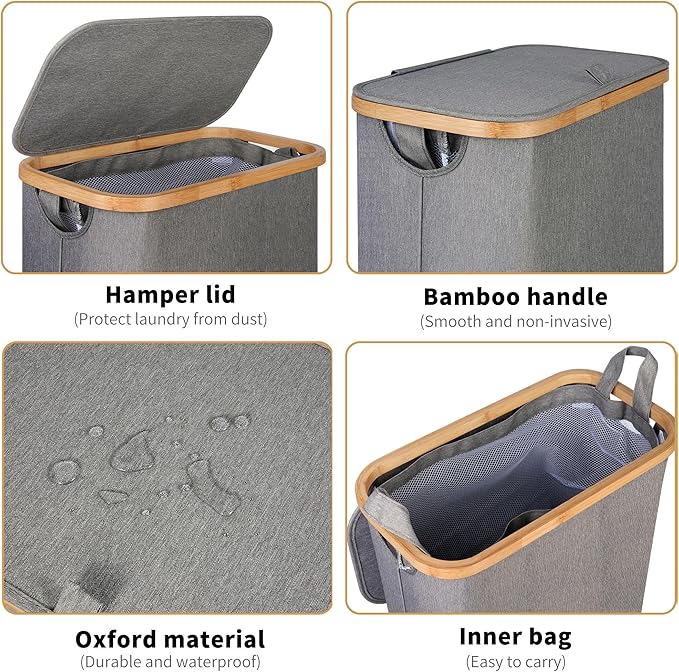 🧺 Bebotd Collapsible Laundry Hamper with Lid – 60L Slim & Space-Saving Basket with Removable Washable Bag
